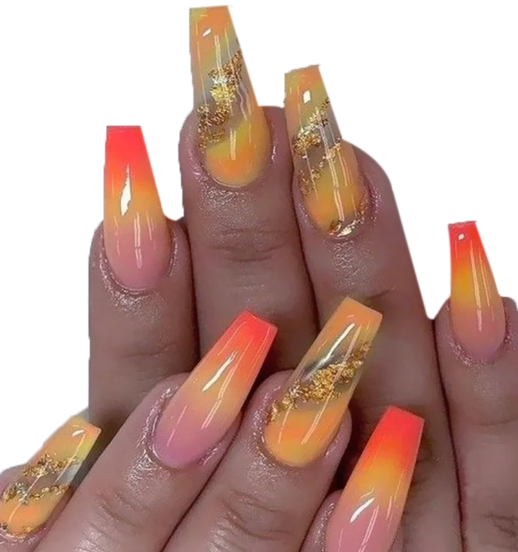 High Quality Nail Art Sticker From China Factory Gradient Gold Foil Extra Long Coffin Nail Press On Nail With Packaging Box