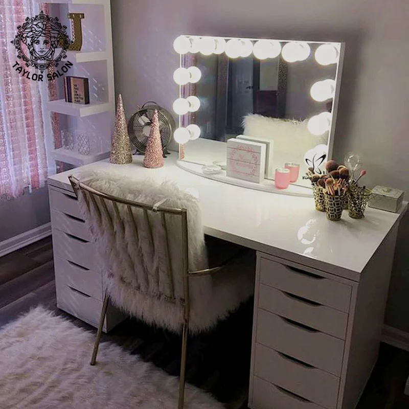 Modern Design Salon Furniture Style Mirror MDF Barber Station Hair Salon LED Mirrors Dressing Table With Drawers