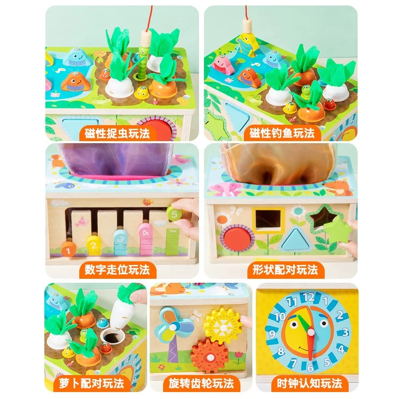 Wooden Multifunction Tissue Box Shape Matching Toy Carrot Harvest Game Kids Montessori Early Educational Toys for Baby Toddlers