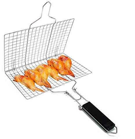 Non Stick Bbq Basket Net Grill Barbecue Holder Wired Sausage Grill Net Metal Clip Bbq Wire Mesh Grill Rack With Wooden Handle