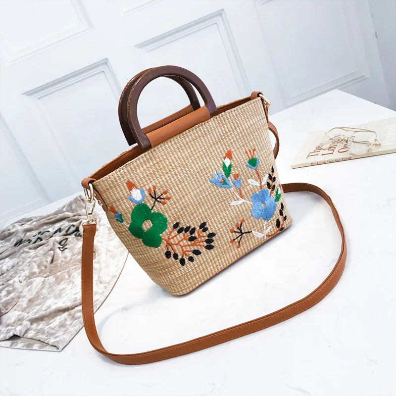 Hot sale fashion ladies tote handbag wholesale summer beach embroidery moroccan bali straw bag