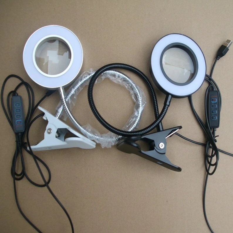 Desk Lamp Clip on Light, 48 LEDs USB Clip Ring Light with 3 Color Modes Dimmable Brightness, Work Lamp with Magnifying glass