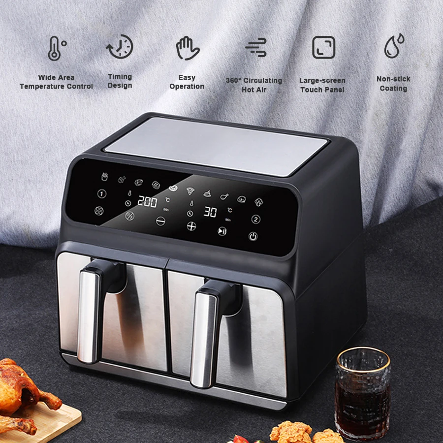 8 L PP+SS Electric 4L + 4L 360 Hot Air 2 Door Double Zone Chamber Baskets Digital Deep Air Fryer Oven with Two Drawer Pot
