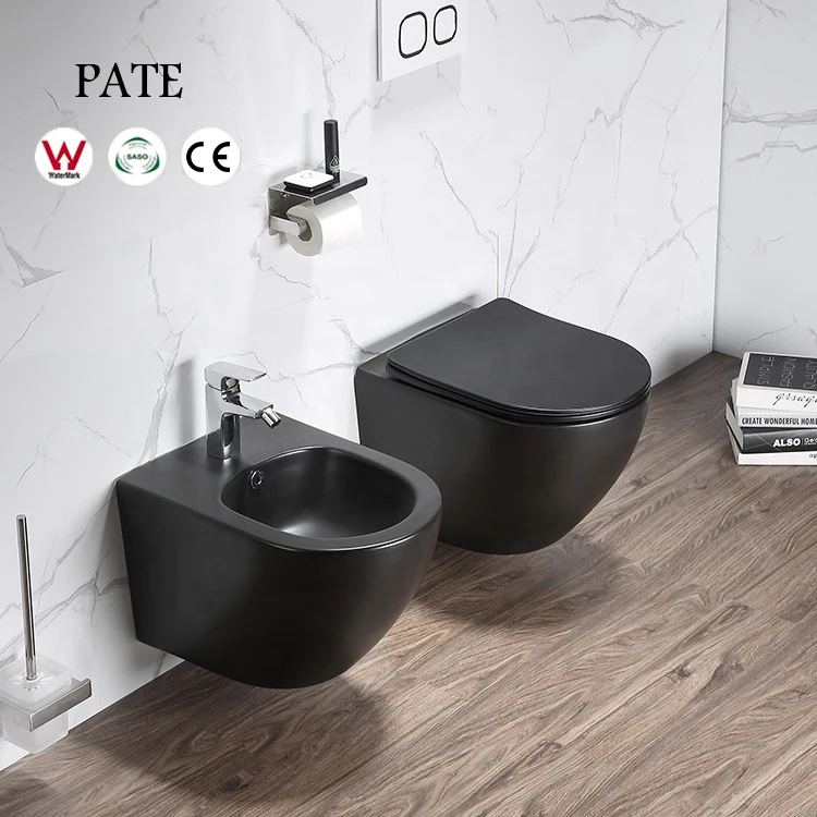 Bathroom Europe Rimless Matte Black Hangend Toiletten WC Toilet Set Rimless Ceramic Inodoro With Water Tank Wall Toilet