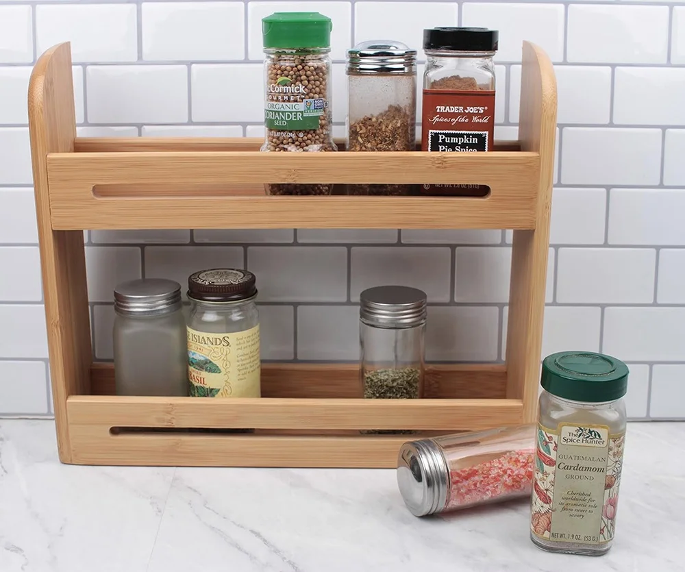 Wooden Kitchen Storage Shelf 2 Tier Bamboo Spice Rack Organizer Stand Tabletop Shelves for Kitchen