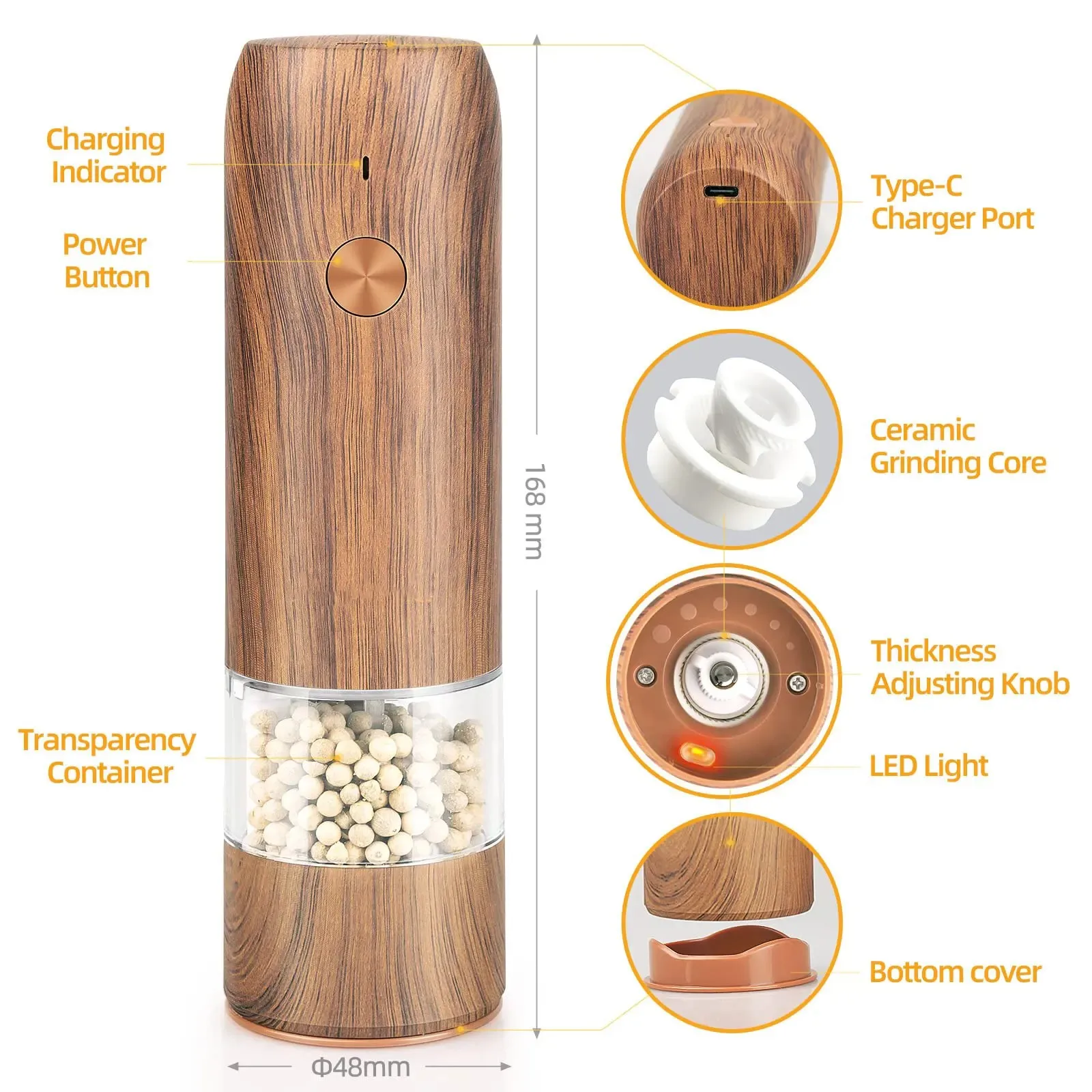 Wholesale Environmental Protection Electric Pepper Grinder USB Rechargeable Wood Grain Automatic Salt and Pepper Grinder Mills