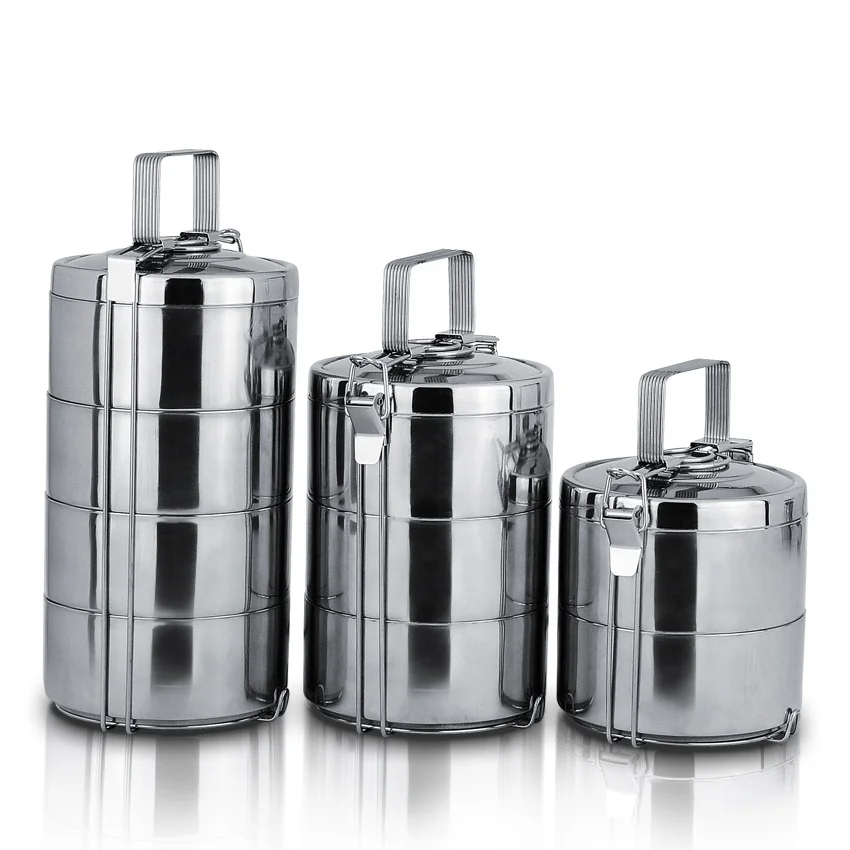 Hottest 2/3/4 Layer Portable Metal Folding Lunchbox Carrier Stainless Steel Indian Tiffin Box with Side Clips Carrier