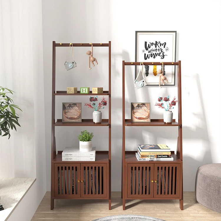 Custom bamboo clear texture brown multi-function storage racks shelving units fine workmanship against the wall book shelf