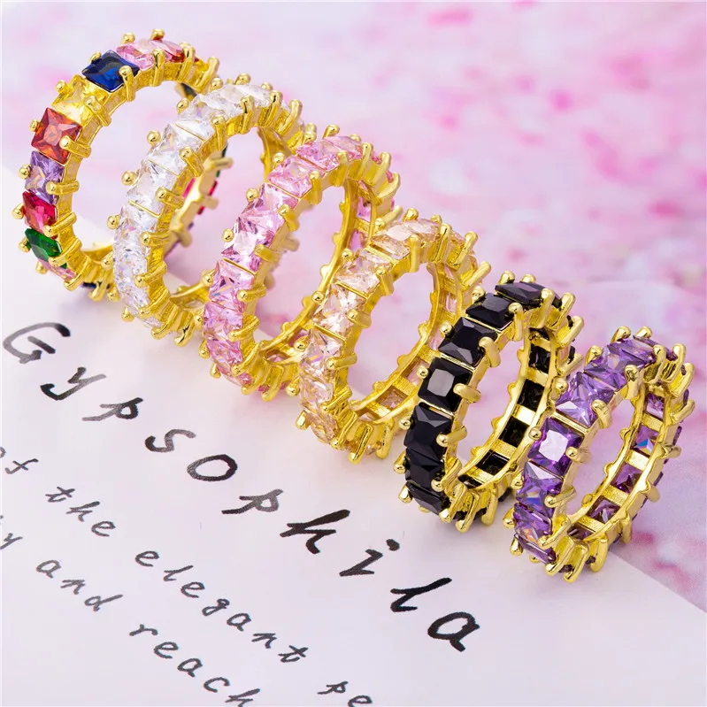 2021 Fashion Baguette Cubic Zirconia Colorful Eternity Pink Sapphire Ring For Women