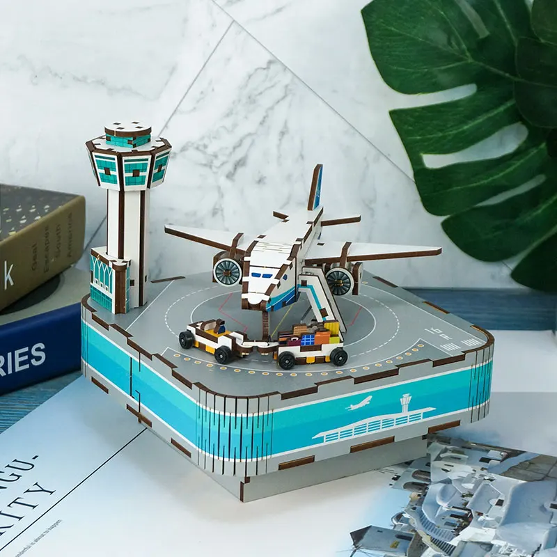 Tonecheer Airport Music Box Castle music boxes 3D puzzle toywooden musical box for adults