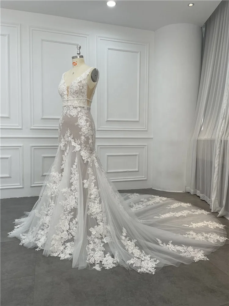 Women Mermaid Sleeveless Sequins Lace Champagne Detachable Belt Wedding Dress