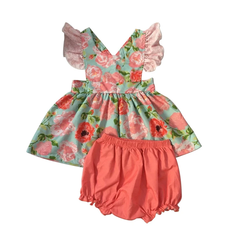 
Fashion New Arrival Floral Kid Girls Summer Boutique Set Ruffles Sleeveless Dress With Pink Bloomers 