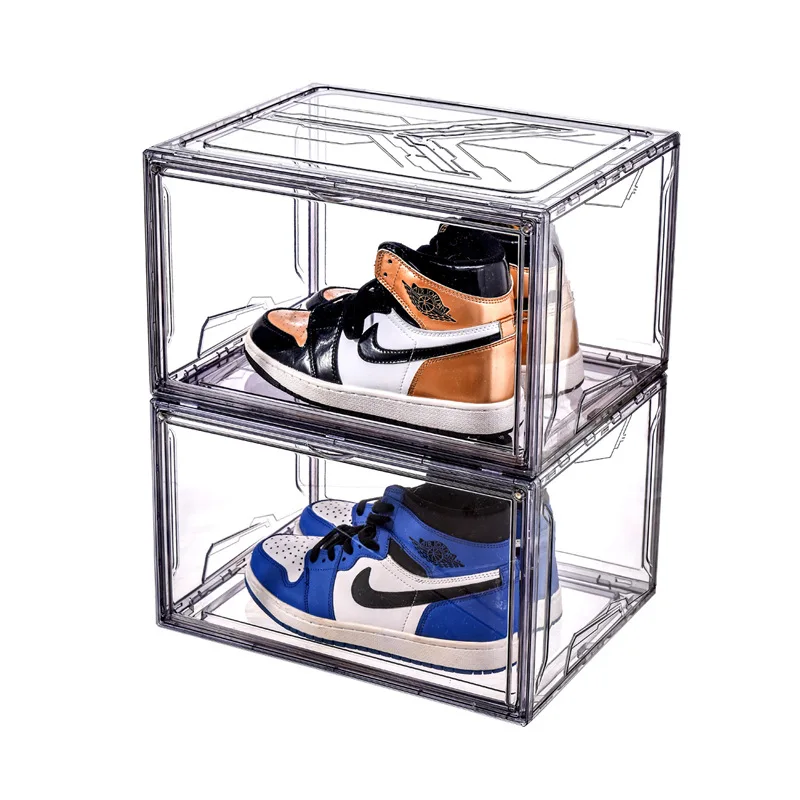 Full Transparent Plastic Magnetic Side Open Door Shoe Storage & Display Container Box Foldable Drop Side Sneaker Organizer Case