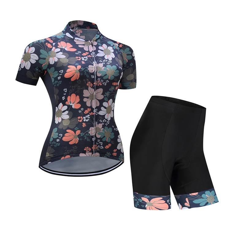 Women Cool Cycling Jersey Set Flower Short Sleeve Sportswear Polyester Summer Bike Cycling Clothing 3D Padded Bicycle Shorts