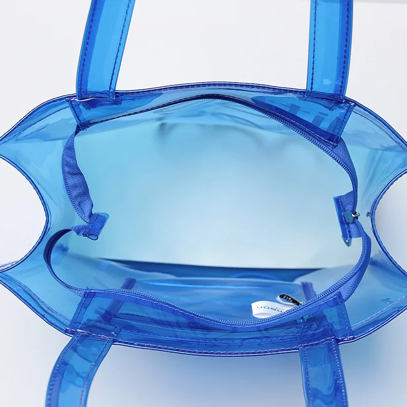 Large Capacity Laser Logo PVC Travel Shopping Work Women Purses Zippered Handbag Makeup Cosmetic Beach Stadium Clear Tote Bag