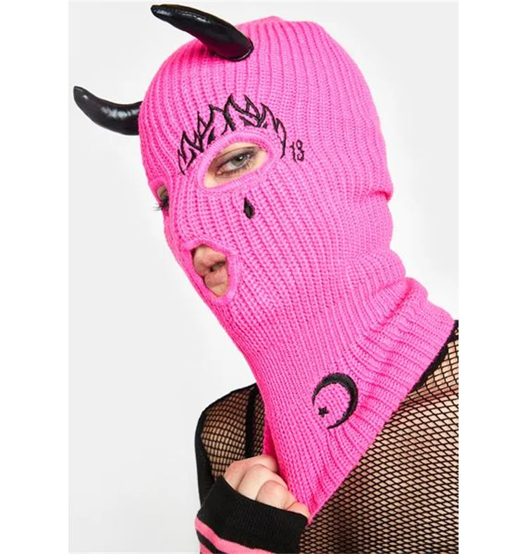 2022 Cursed Tattoos Baby Bad Girl Ghoul Pink Embroidered Knit Ski Mask Balaclava with Devil Horns