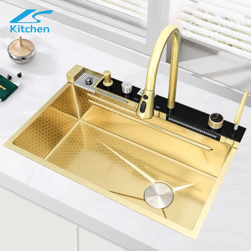 China manufacturer Smart Golden Luxury 304 Stainless Steel Nano Waterfall Rainfall Honeycomb Piano Key Kitchen Sink
