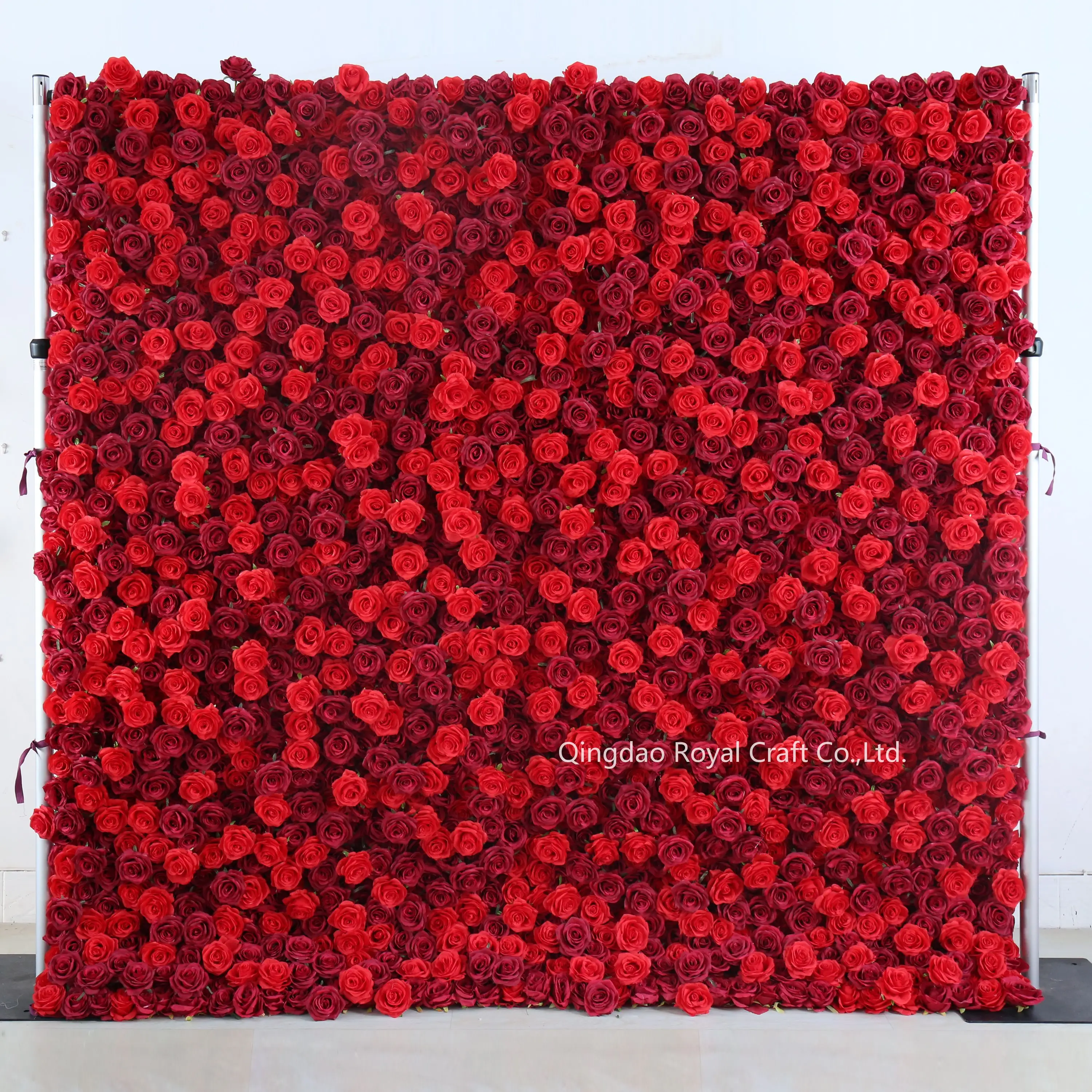 customized size and design whole sale price fabric roll up new red rose flower and green flower wall wedding backdrop