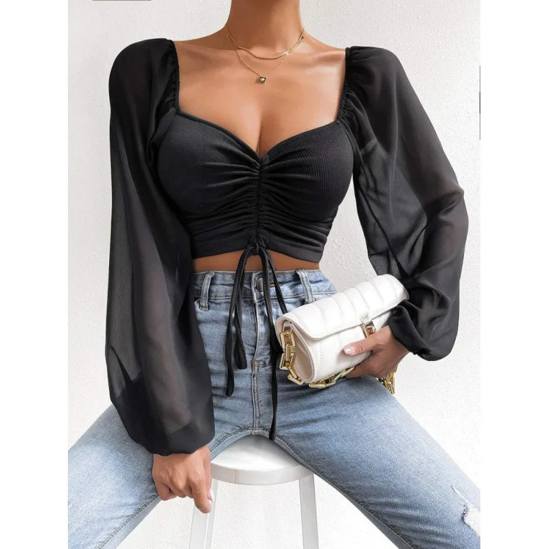 Fashion 2024 spring summer new V-neck chiffon drawstring lantern sleeves tight fashion sexy shirt top slim tie