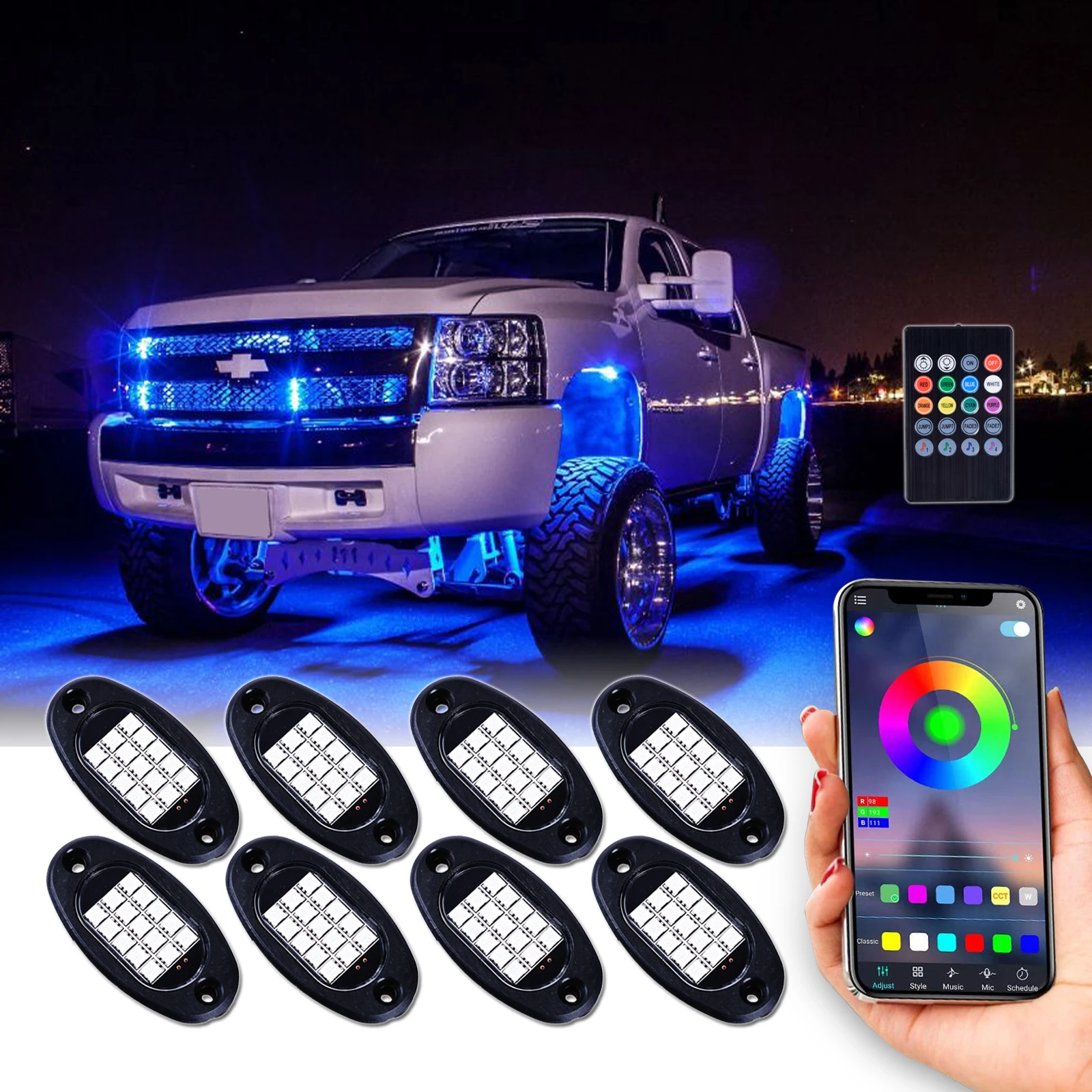 R-GB App Control, Multicolor, Music Mode, Dimmable, 8 Pods Underglow RGB Led Rock Lights, RGB working lamp