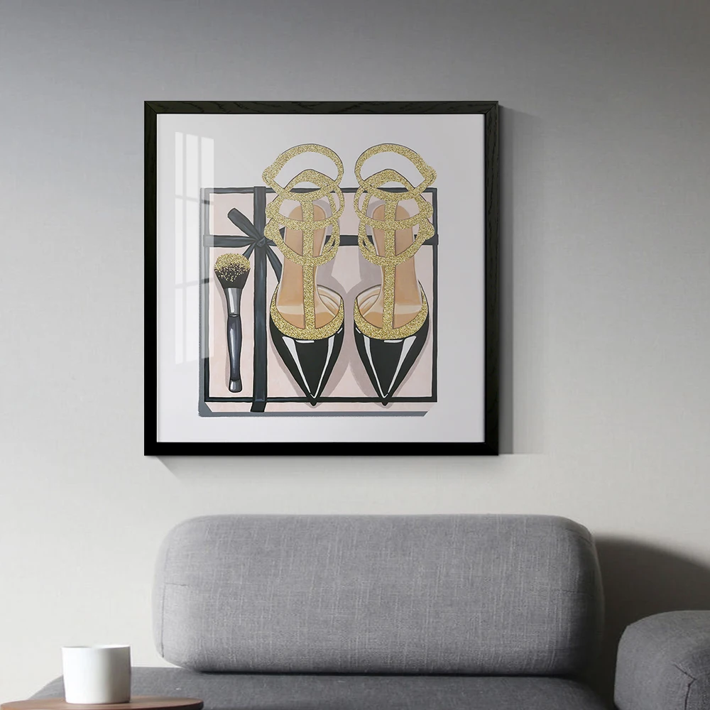 
Fashion woman still life painting makeup art shoes printing and gold glitter painting for gifts black framed wall decor 