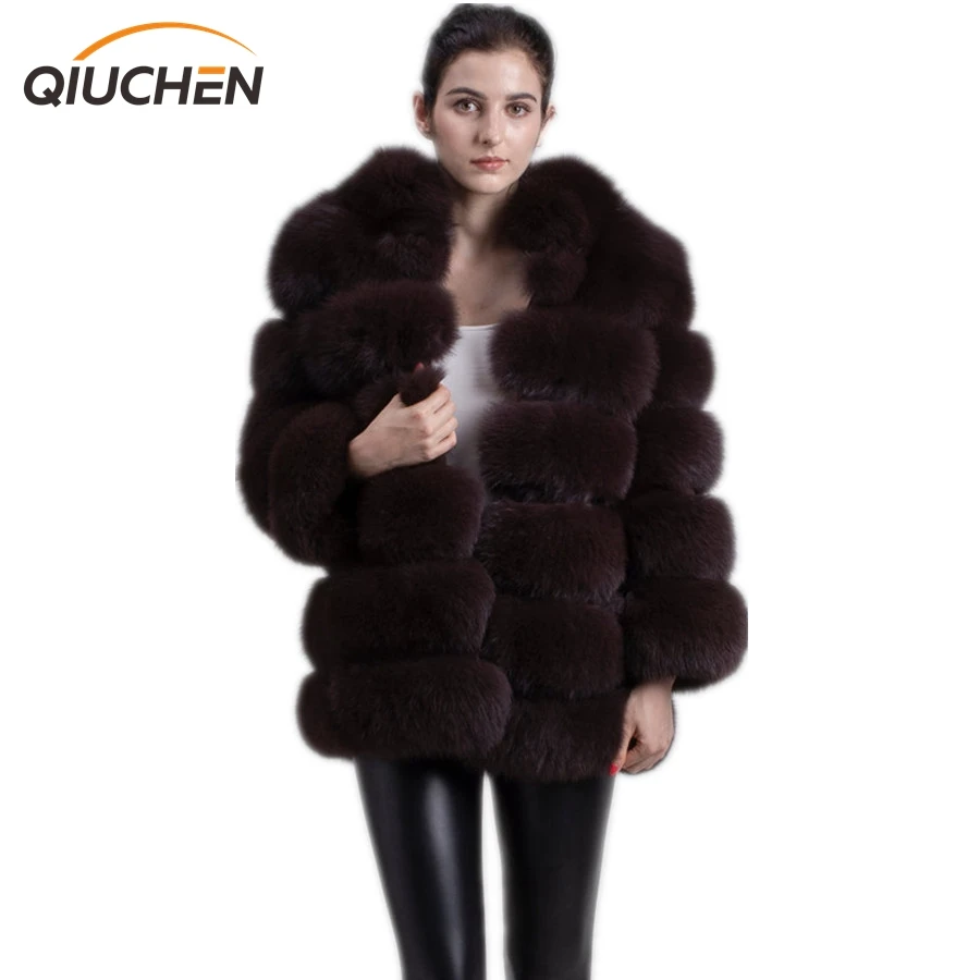 QIUCHEN- QC5073 Новое поступление Высококачественная женская шуба из натурального меха лисы Укороченное пальто с длинными рукавами и воротником
