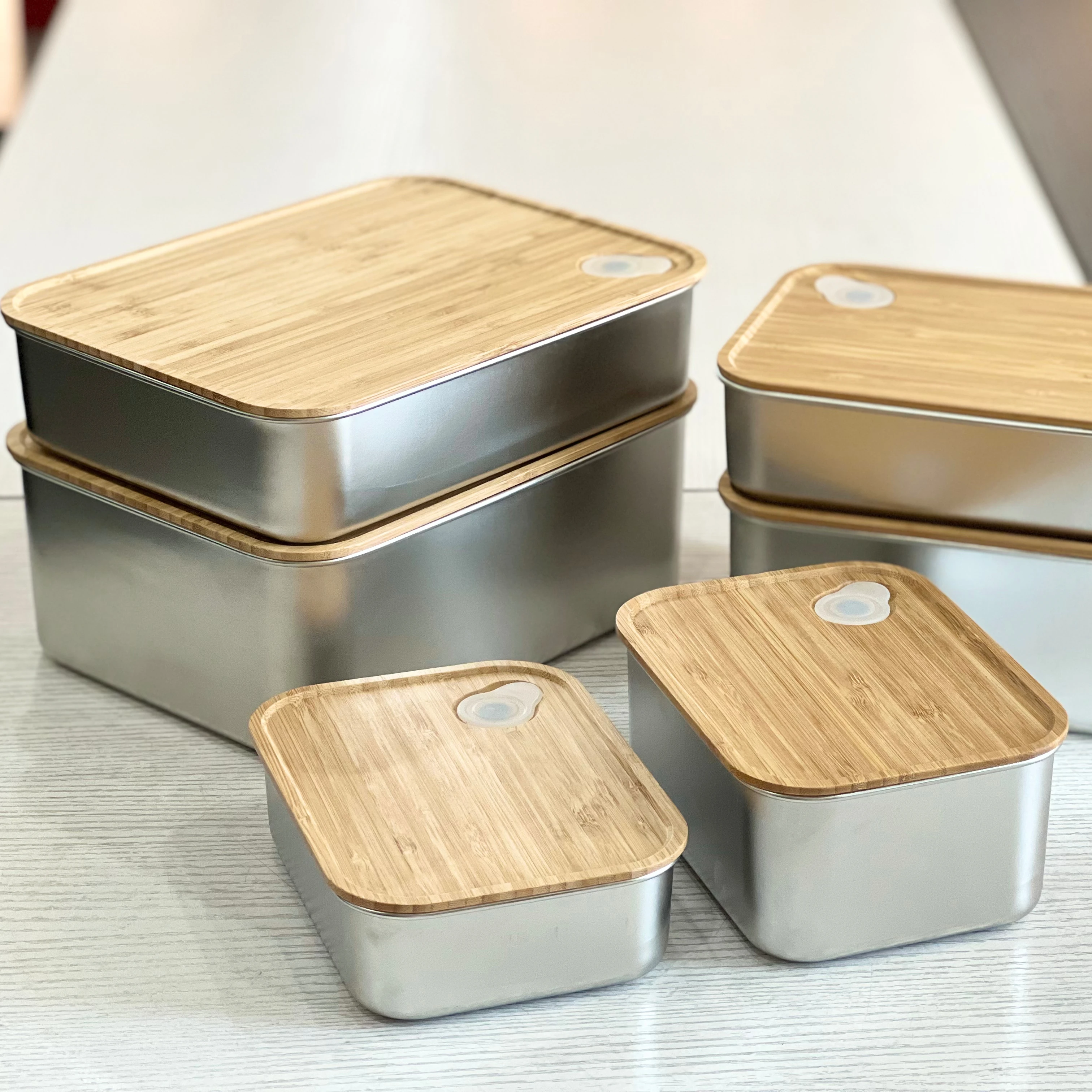 Metal Stainless Steel Lunch Box Food Storage Container with Wood Bamboo Lid Child Adult Stainless Steel Metal Food Container