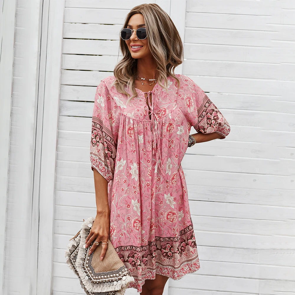 Custom Print Bohemian Dress Wholesale Dresses Women Floral Dress Boho Style