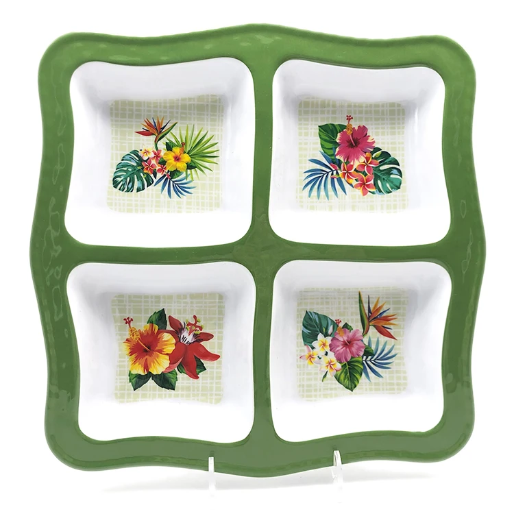 2021 Hot 4 Compartment Flower Design Divided Melamine Plastic Chip Dip Party Snack Serving Plates Platter