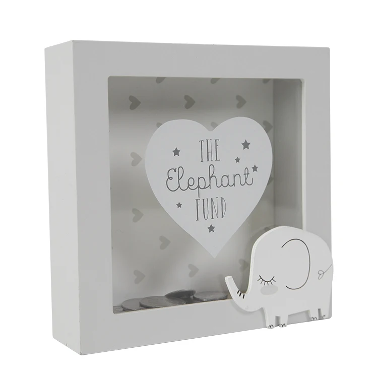 Wood White cute baby elephant piggy bank safe money box bank for kids gift decoration