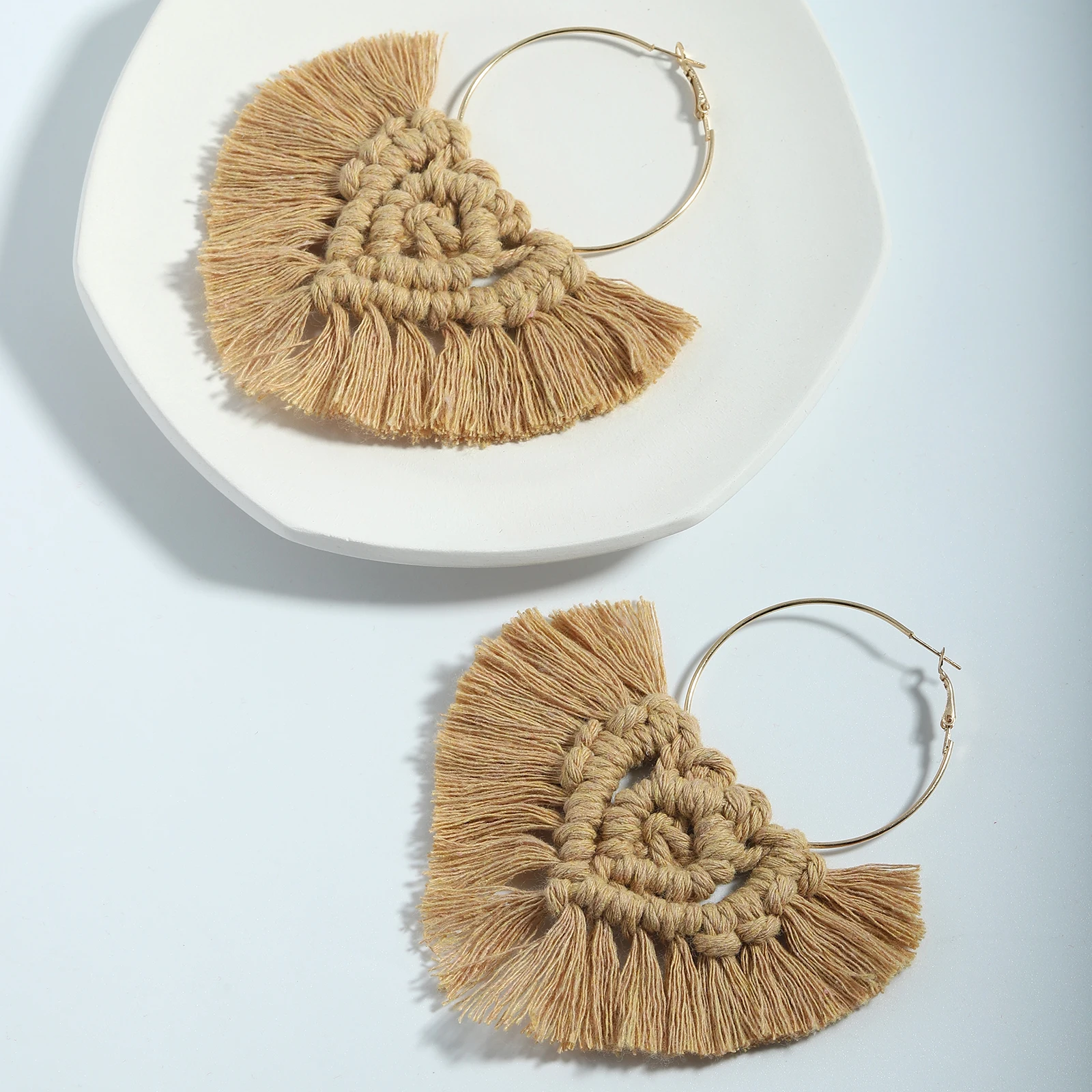
Barlayc 2021 Fashion Earrings Trend 2021 Statement Design Macrame Wood Weave Dangle Earrings Good Hoop Color Drop Tassel Earring 
