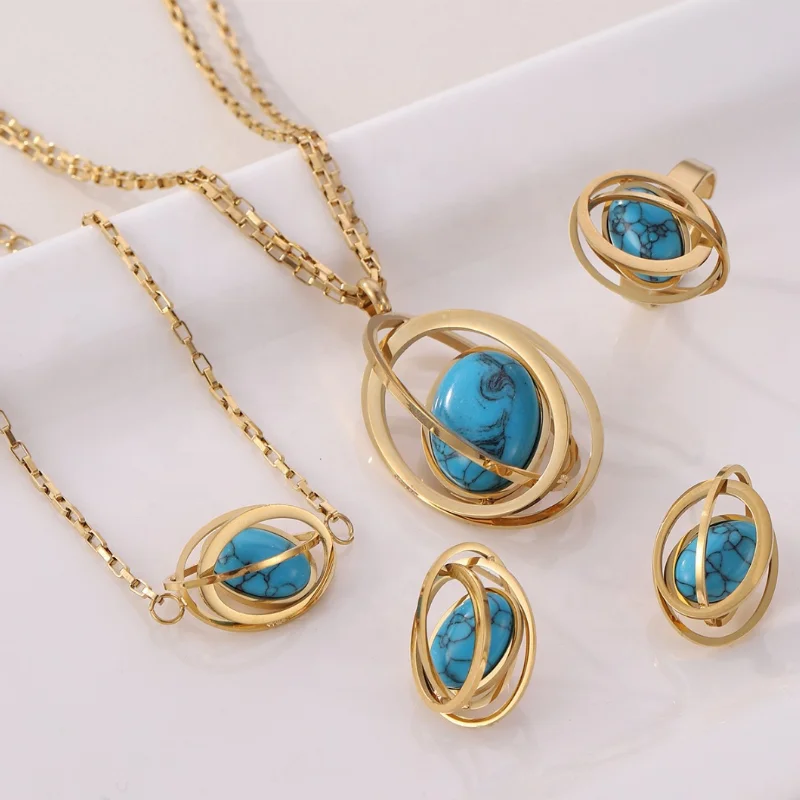 4 Pcs Necklace Female Niche Fashion Hollow Round Pendant Bracelet Earrings Ring Trendy Ornament Blue Turquoise Globe Jewelry Set