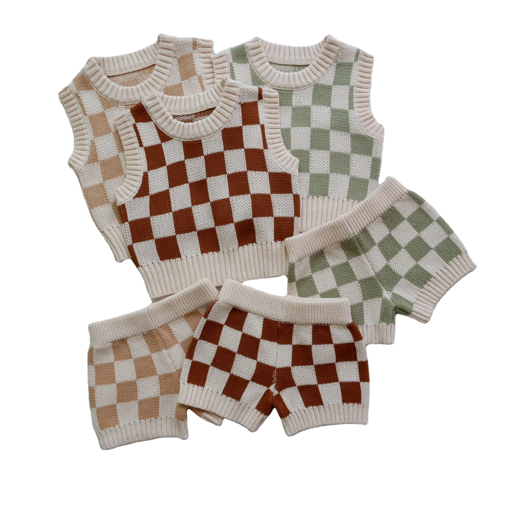 Custom Toddler Baby Knitwears Summer Checkers Knitted Tank Tops Shorts Set
