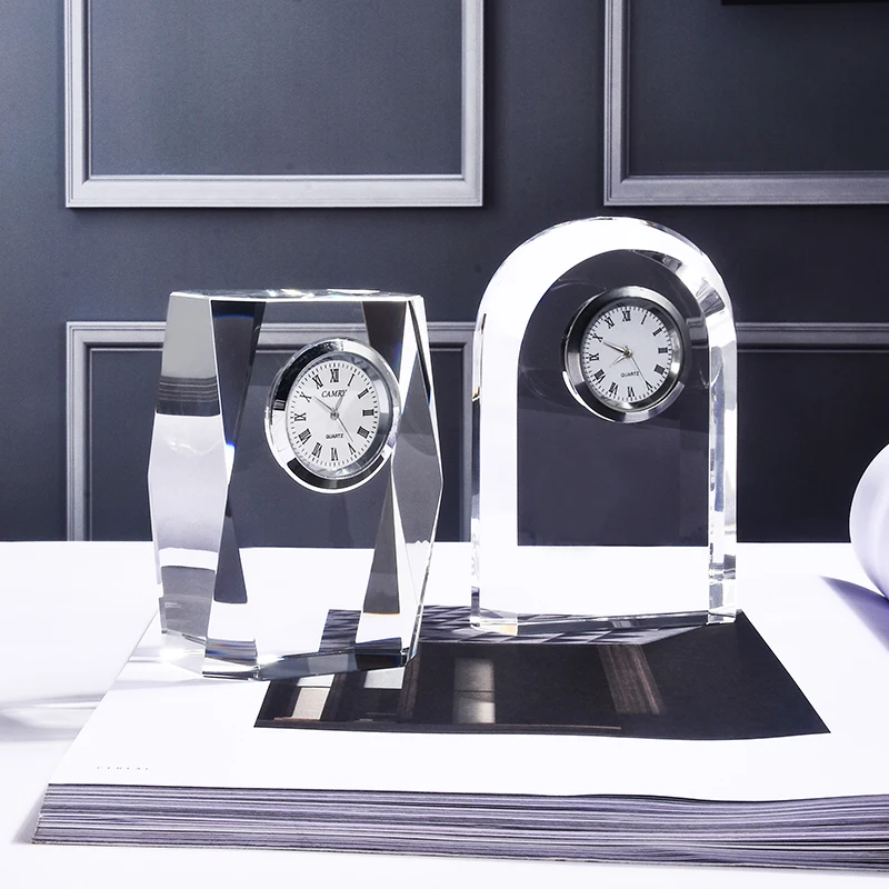 Antique Custom Logo Engrave Clear Crystal Clock Desk Table Decoration Clock