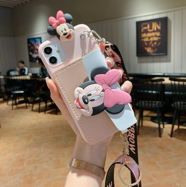 Hot sale card wallet mobile phone cover cartoon with lanyard phone case