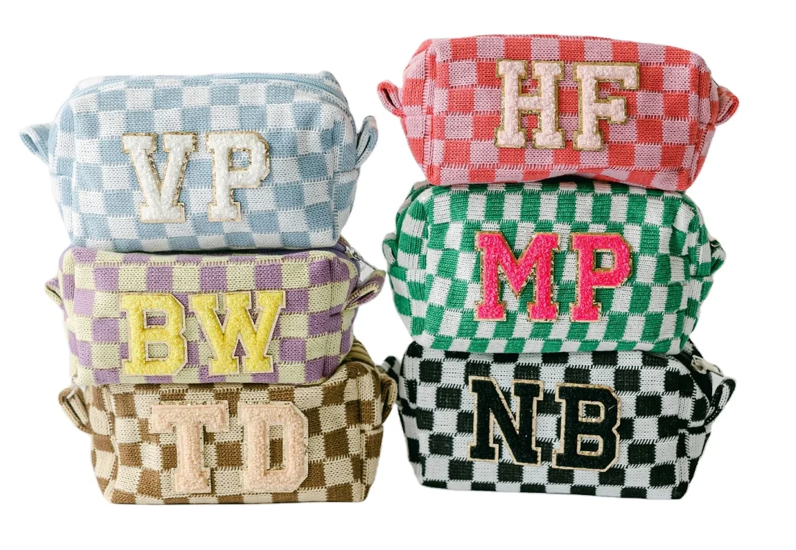 Personalized Chenille Patch Checkered Cosmetic Bag Checker Travel Makeup Bag