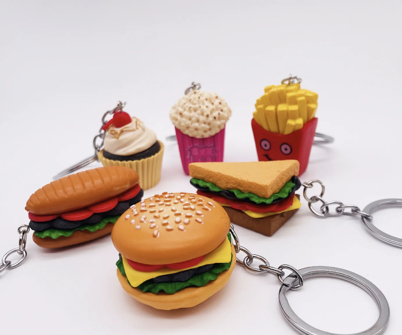 PDANY Hot Selling 3D PVC Hamburger Keychain Metal Alloy Food Cake Key Chains Chips Woman Purse Bag Charms