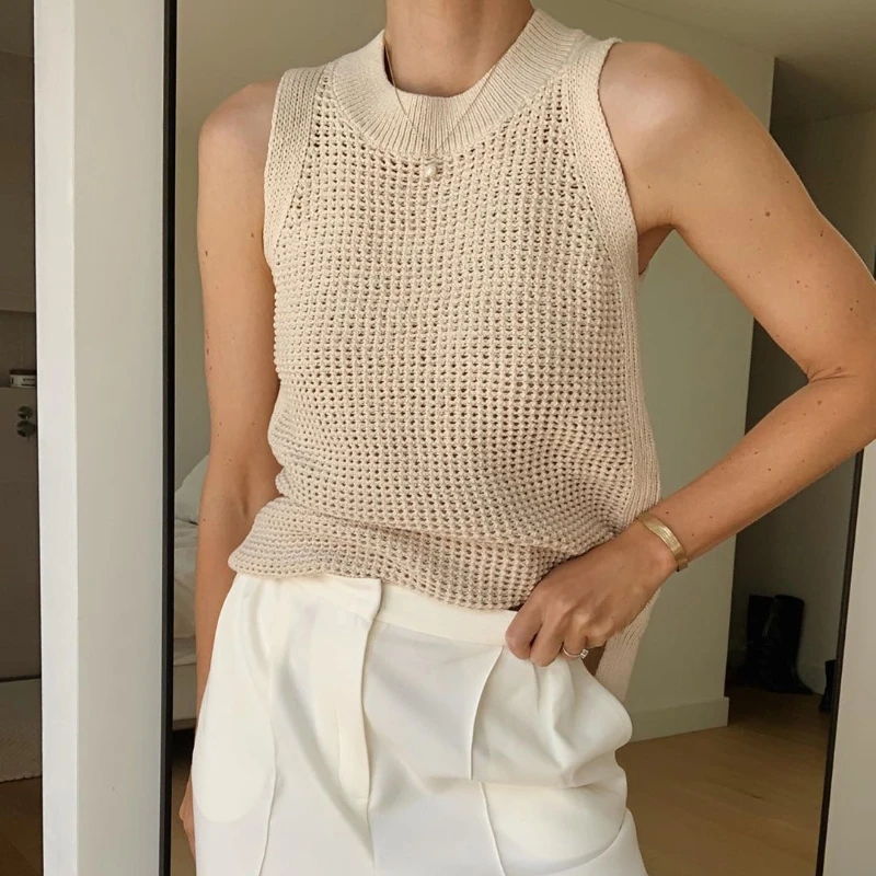 New Trend Women Crew Neck Knitted Sleeveless Ribbed Casual Sweater Vest In Stocks