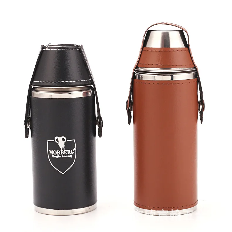 Wholesale cylinder  8oz metal stainless steel hip flask set with Leather Cover with steel cup