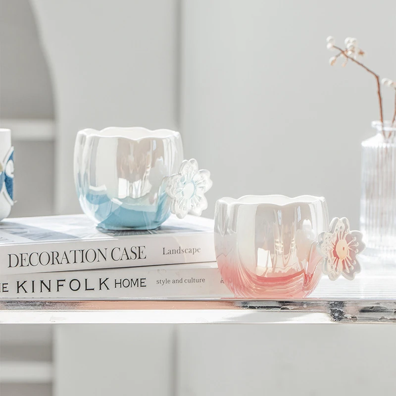 Wholesale New Fashion Flower Shaped Cute MIlk Cup Ceramic Coffee Mugs With The Scoop