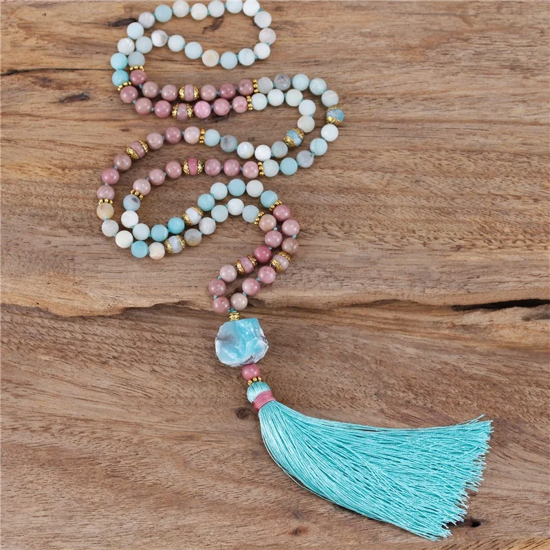 Stone Yoga 108 Mala Beads Necklace with Long Tassel Meditation Jewelry Wholesale Vintage Chic Amazonite Rhodonite Natural CN;ZHE