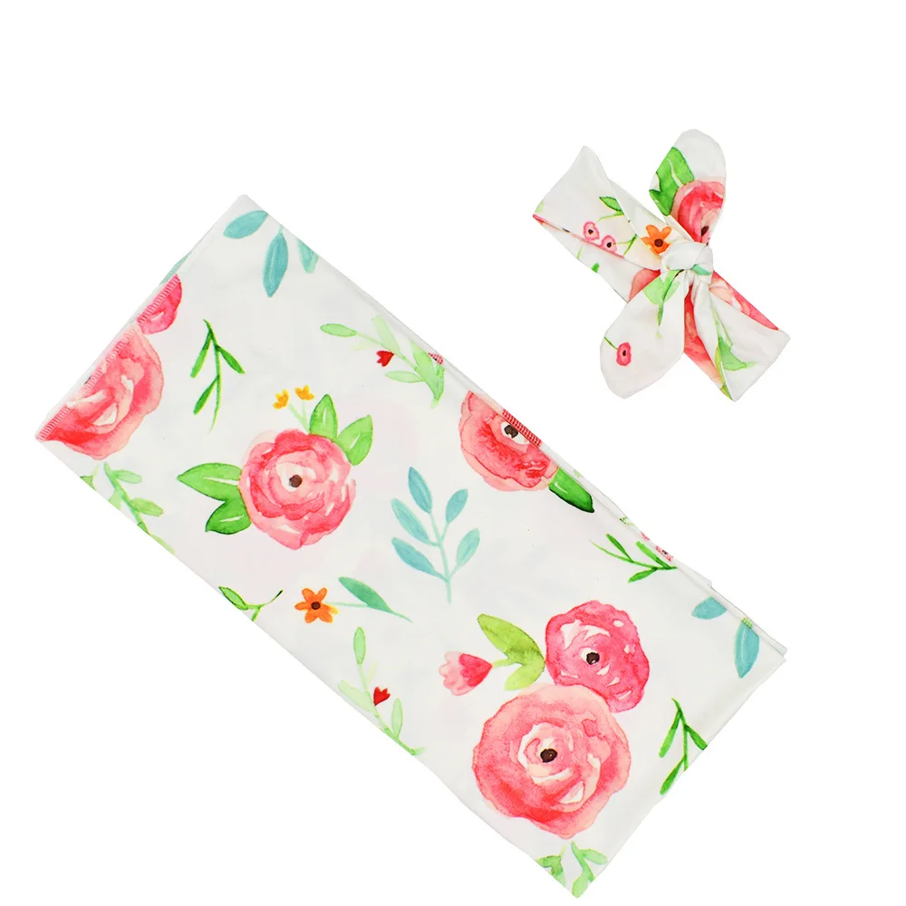 Newborn Baby Photo Shoot Props Soft Stretch Floral Printed Swaddle Wrap Blanket and Headband Set