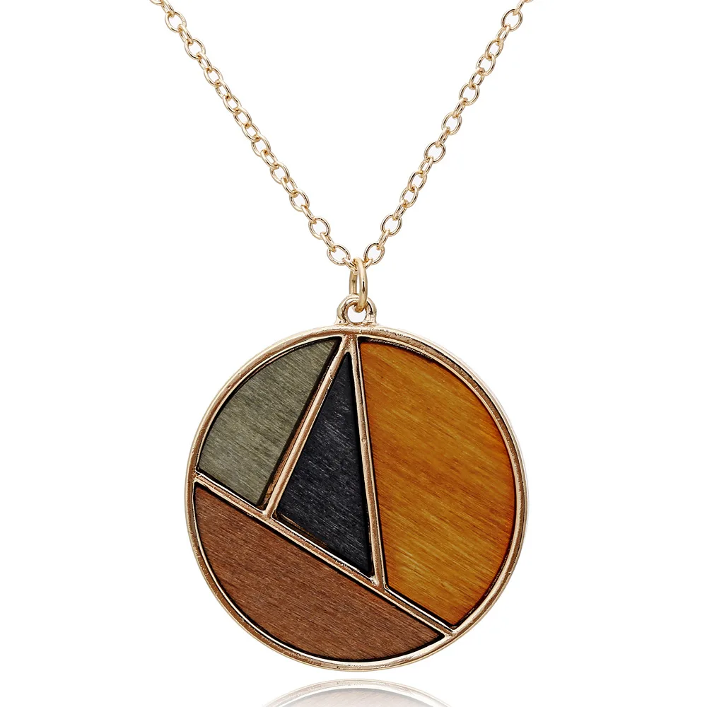 
Custom fashion girl elegant geometric circular wood contrast color set pendant necklace 