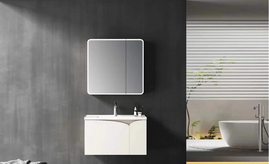Samiyah wholesale stainless steel square integrated wall mounted bathroom vanity with ceramic basin with LED mirror for hotel