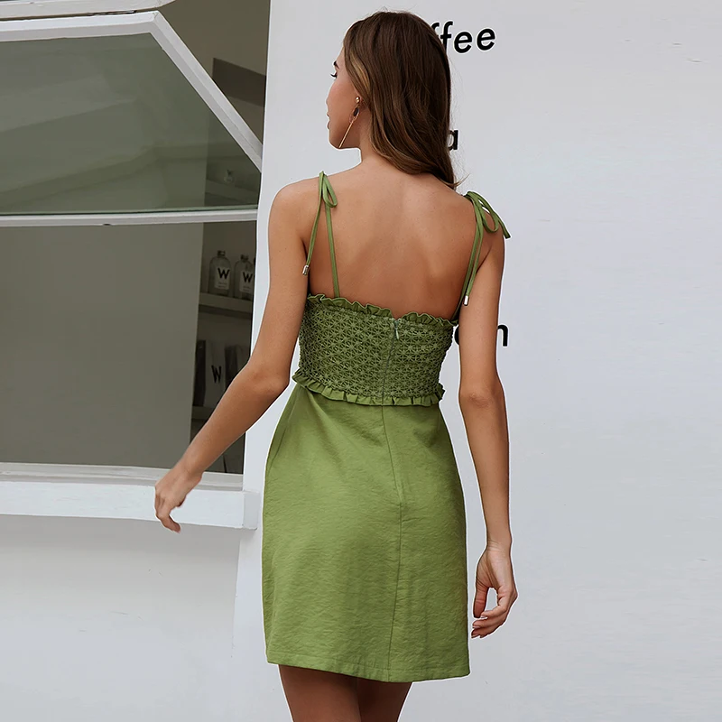 Weixin Stock Fashion Womens Clothing Knotted Green Halter Lace Summer Women Casual Dresses