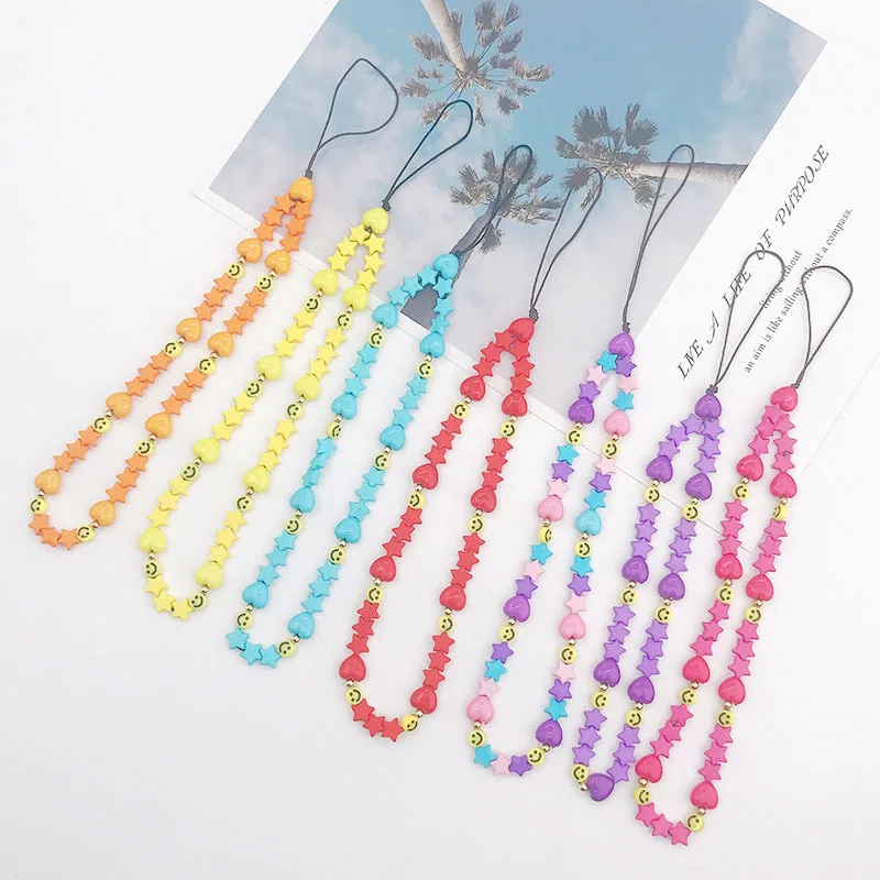 Wholesale Handmade Rainbow Color Smiley Face Fruit Pearl Polymer Clay Beaded Phone Lanyard Wrist Strap Mobile Phone Charm Chain