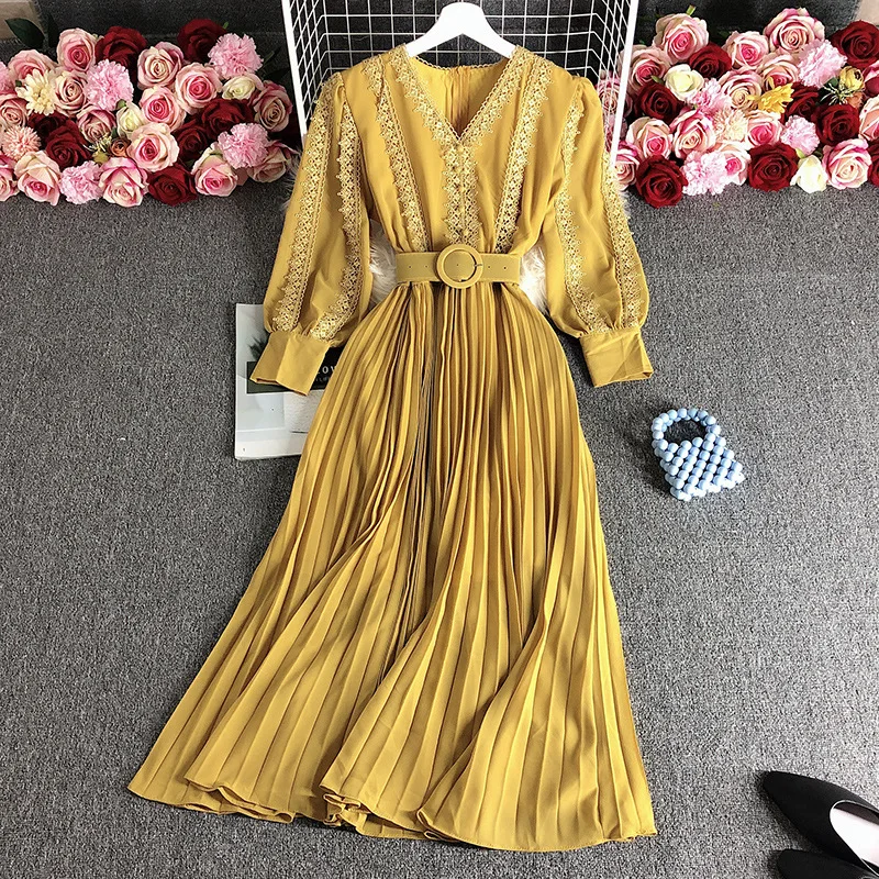 Premium Elegant Lady High-End Round Neck Waist Trimming Dress Autumn Winter New Patchwork Lace Puff Sleeve Chiffon Casual Dress