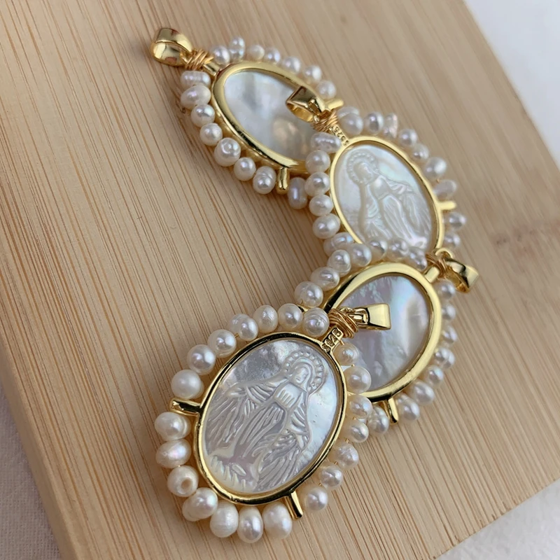 Fashion Pearl White Mother of Pearl Shell Pendant Carved Religious Virgin Mary Charm Necklace