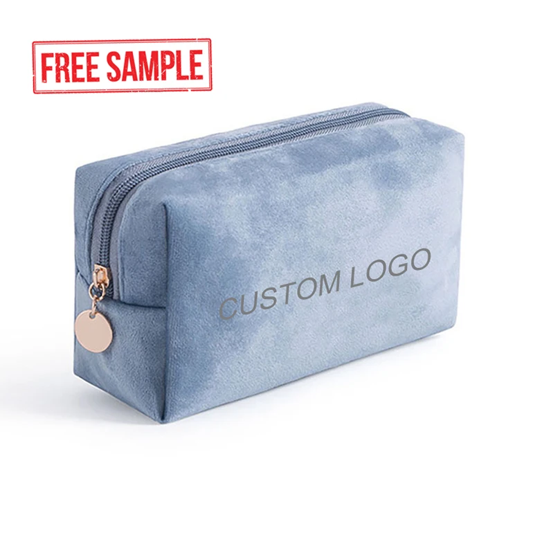 High Quality Custom Velvet Travel Cosmetic Bag Beauty Embroidery Logo Zipper Makeup Bag