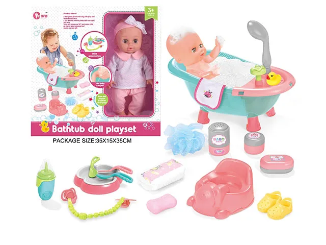 Child Baby 14 Inch Vinyl Doll Shoes Plates Bath Set 12 Sounds With Toilet Feeding Bottle Play House Home Pretend Toys For Kids
